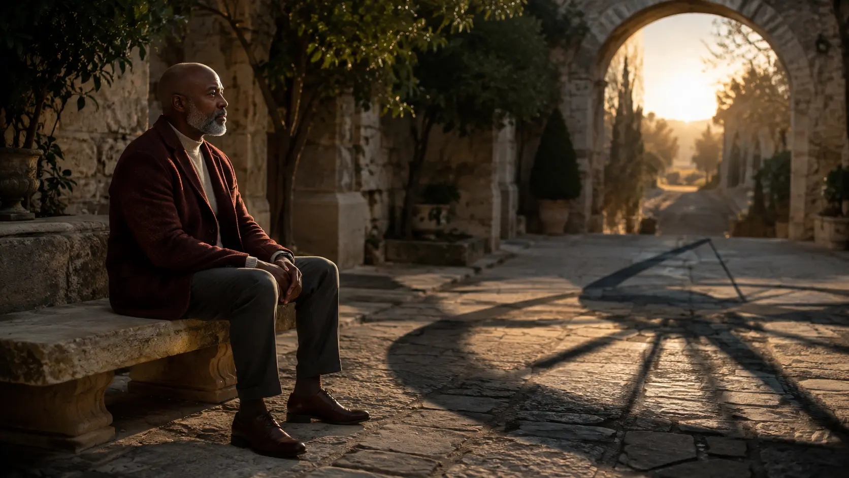 A composed man waiting in a dawn courtyard as a sundial shadow crosses the path