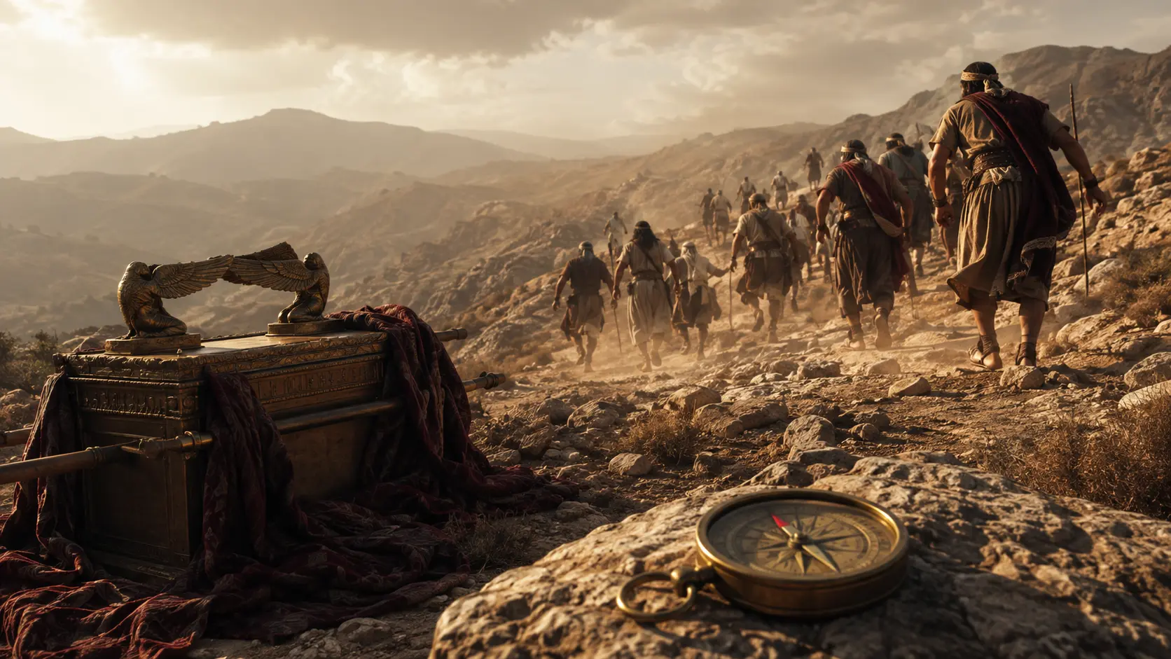 Travelers rushing up a ridge while the sacred presence and a misaligned compass remain behind