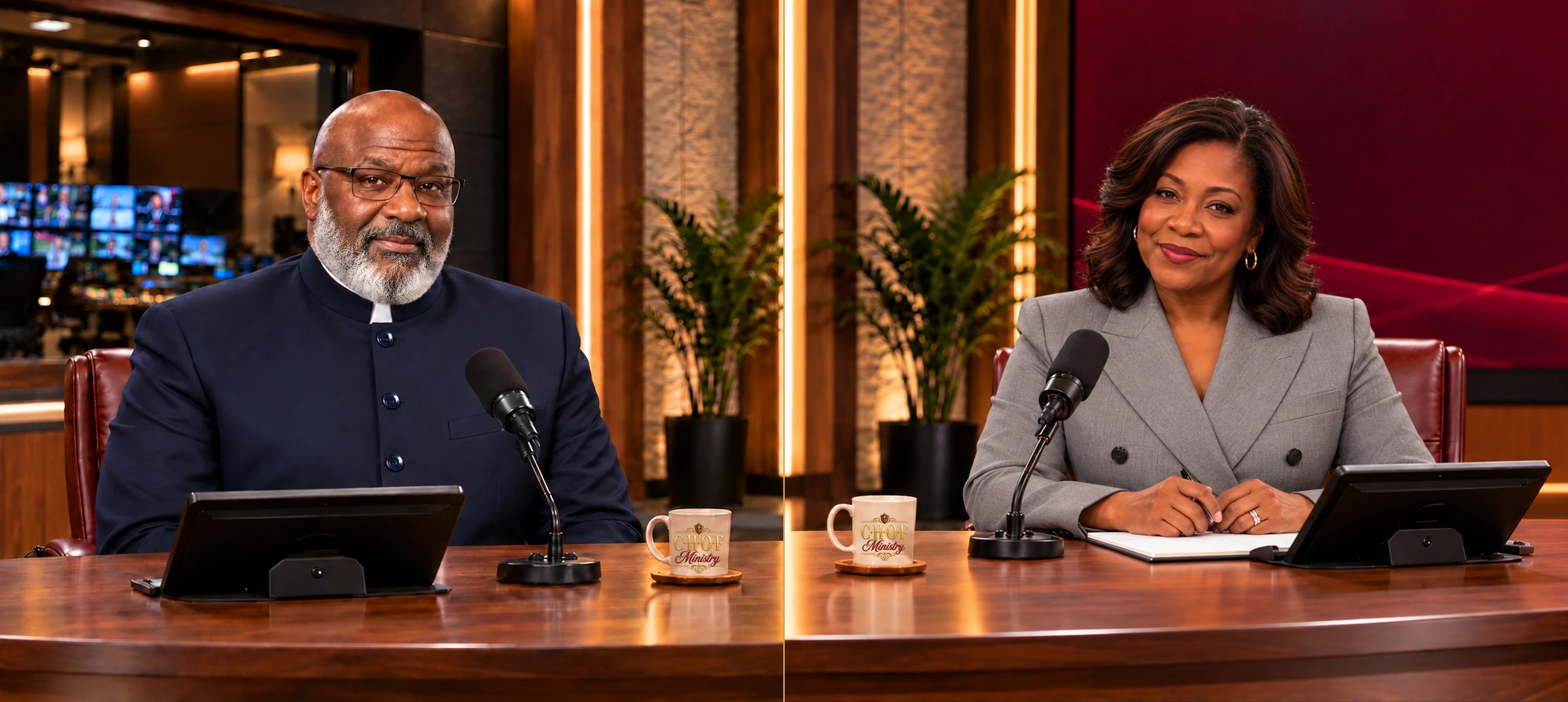 Bishop W. F. Houston Jr. and Cecily Grant in the studio with their ministry cups